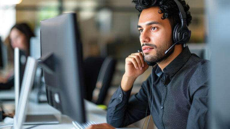 Young man with headset working at computer in customer service or call center role, focused on conversation.