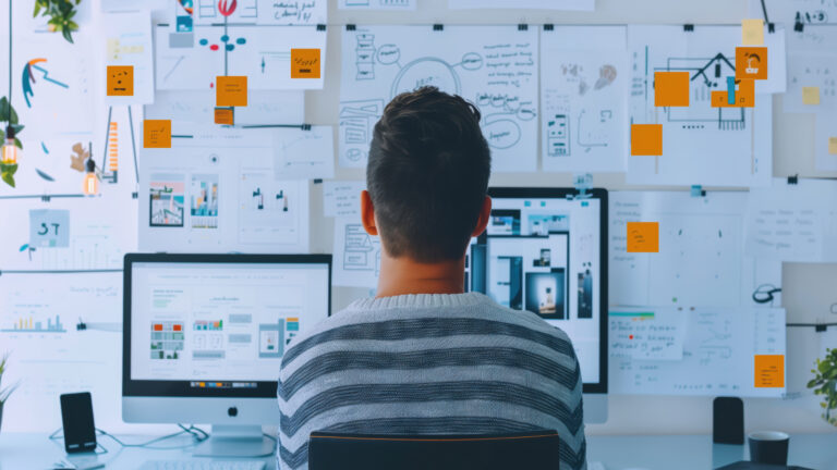 Designer focuses on dual monitors surrounded by wall of sketches, wireframes, and orange sticky notes in a creative workspace environment.