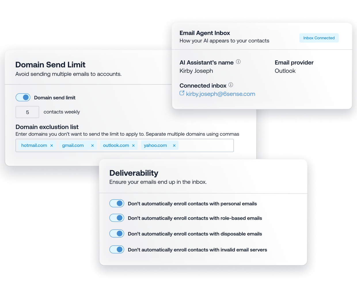 Email management interface showing domain send limits, exclusion list, and deliverability settings, with connected inbox information and email enrollment rules.