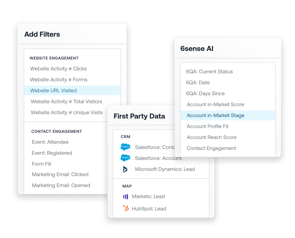 Marketing data platform interface showing filter options for website engagement, contact activities, first-party data integrations with CRM systems, and AI feature.