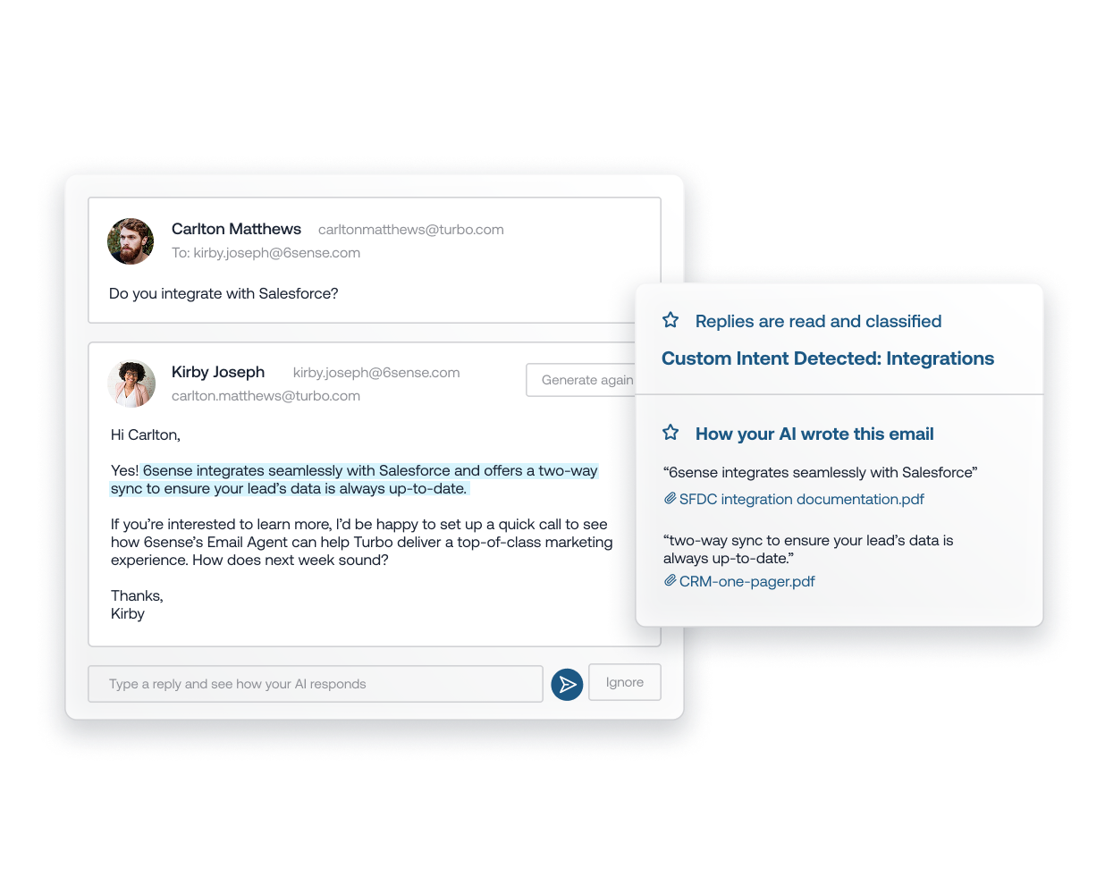 Email interface showing conversation about Salesforce integration, with AI assistance panel displaying content sources used to generate the response.
